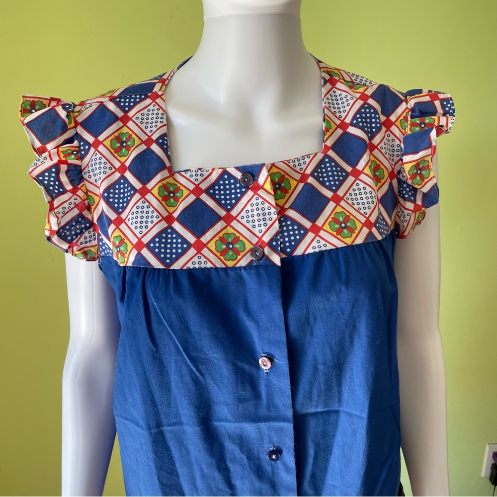 Vintage Blue Patterned Pocket Button Up House Top… - image 4